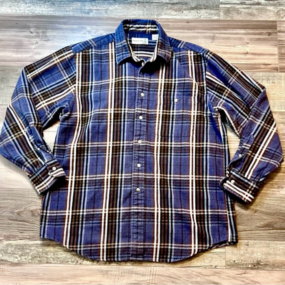 Vtg Fieldmaster Heavy Flannel Shacket Shirt Sz L Cotton Navy Plaid Fisherman